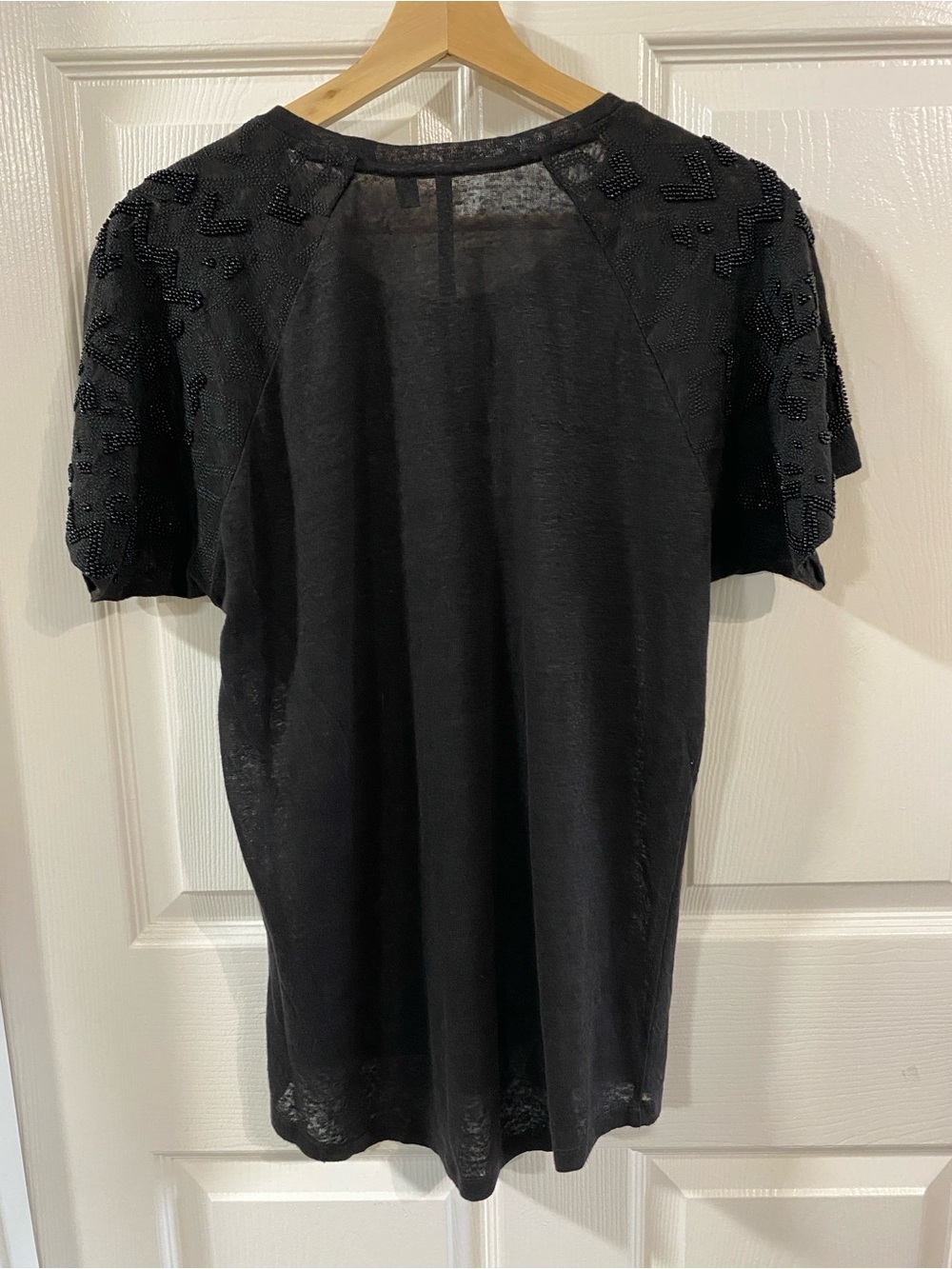 Joe's Jeans 100% Linen Beaded Embellished Sleeve Black Tee S Chic Edgy Luxury - Picture 6 of 6